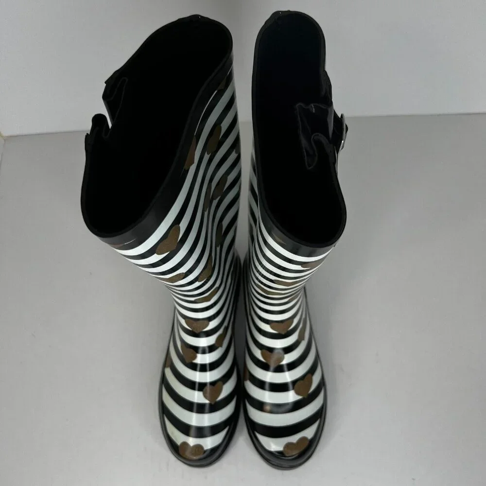 Kushyshoo Womens Black Striped Heart Rubber Mid Calf Size 7 Rain Boots